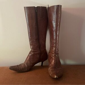 Nine West Brown Faux Croc Heeled Boots Size 10
